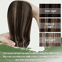 Hetto Clip in Ash Brown Highlights Human Hair Extensions Natural Hair Clip in Extensions 7 Pcs Real Human Hair clip in Straight Hair Extensions 20 Inch 105g+20g