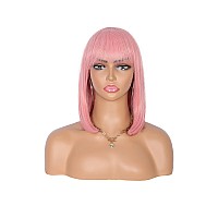 Kalyss 12 Short Straight Bob Wigs With Hair Bangs For Women Heat Resistant Soft And Natural Luster Yaki Human Hair Blended Hal