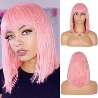 Kalyss 12 Short Straight Bob Wigs With Hair Bangs For Women Heat Resistant Soft And Natural Luster Yaki Human Hair Blended Hal