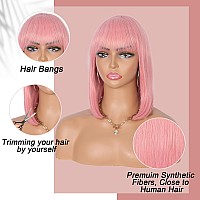 Kalyss 12 Short Straight Bob Wigs With Hair Bangs For Women Heat Resistant Soft And Natural Luster Yaki Human Hair Blended Hal