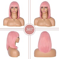 Kalyss 12 Short Straight Bob Wigs With Hair Bangs For Women Heat Resistant Soft And Natural Luster Yaki Human Hair Blended Hal