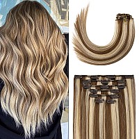 Clip in Hair Extensions 70G Light Brown to Blonde Highlights 100% Remy Human Hair Extensions 7A Soft Silky Straight 7pcs 16clips for Women(15 Inch #6P613)