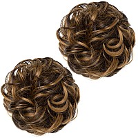 SARLA Synthetic Messy Bun Hair Extension 2PCS Scrunchies Updo Ponytail Hair Piece for Women Girls Dark Brown With Golden Highlight