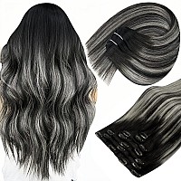 Sunny Clip In Hair Extensions Human Hair Black Ombre Silver Clip On Hair Extensions Balayage Natural Black Roots To Silver Grey