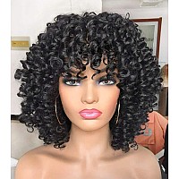 Annivia Curly Afro Wig with Bangs Short Kinky Curly Wigs for Black Women Synthetic Fiber Soft Hair Short Curly Afro Wig (Black)