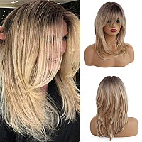 Esmee Synthetic Wigs Long Straight Layered Hairstyle Ombre Black Blonde Gray Ash Full Wigs with Bangs for white Women