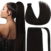 Ve Sunny Brown Clip In Hair Extensions Ponytail Wrap Around Silky Straight 16Inch Remy Human Hair Ponytail Extensions Solid Dark