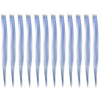 SWACC 12 Pcs Straight One Color Party Highlights Clip on in Hair Extensions Colored Hair Streak Synthetic Hairpieces (Dull Blue)