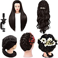 Morris 28Inch Mannequin Head With Synthetic Fiber Hair Styling Training Manikin Cosmetology Doll Head With Clamp Stand Black