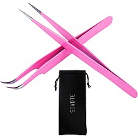 Sivote Lash Tweezers For Eyelash Extensions Hand Calibrated Straight Curved Tip Pack Of 2 Pink