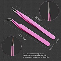 Sivote Lash Tweezers For Eyelash Extensions Hand Calibrated Straight Curved Tip Pack Of 2 Pink