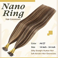 Sunny Hair Brown Nano Bead Hair Extensions Human Hair 18Inch Nano Hair Extensions Medium Brown Mixed Caramel Blonde Highlights C