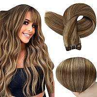 Full Shine Sew In Hair Extensions Real Human Hair Brown Highlight Weft Extensions Soft Silky Hair Double Weft Hair Extensions Color Medium Brown Highlight Honey Blonde Hair Weft 105G 20 Inch