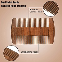 3 Pieces Natural Sandalwood Wooden Dual Action Beard And Mustache Combs With Faux Leather Cases Brown