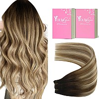 Youngsee Weft Hair Extensions Human Hair Balayage Human Hair Sew In Extensions Dark Brown Roots Blending Into Medium Brown With