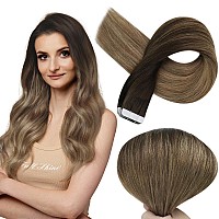 Full Shine Tape In Hair Extensions Human Hair Dark Brown To Chestnut Brown Highlighted Ash Blonde 12 Inch Human Hair Extensions