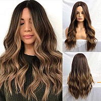 piaou 24 Inches Ombre Brown Wig Synthetic Long Wigs for Women Natural Wave Hair Wigs Middle Part Heat Resistant Natural Looking Wigs