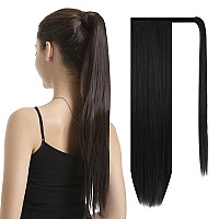 BARSDAR 28 inch Ponytail Extension Long Straight Wrap Around Clip in Synthetic Fiber Hair for Women - Natural Black