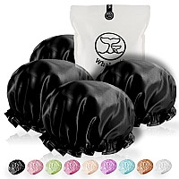 Extra Large Reusable Shower Cap for Men, Women (Black 4 Pack ) Satin Double Layer EVA Waterproof Long Hair Cap