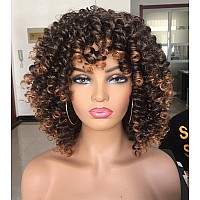 Annivia Short Curly Wig for Black Women with Bangs Big Bouncy Fluffy Kinky Curly Wig Heat Resist Soft Synthetic 2Tone Ombre Darkest Brown Short Curly Afro Wig