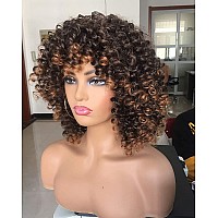 Annivia Short Curly Wig for Black Women with Bangs Big Bouncy Fluffy Kinky Curly Wig Heat Resist Soft Synthetic 2Tone Ombre Darkest Brown Short Curly Afro Wig