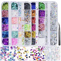 4 Boxes Holographic Nail Sequins Shapes Mixed Iridescent Nail Glitter Flakes Butterfly Hearts Star DIY Design Manicure Decorations Sets for Nail Art/Craft/Makeup (Style A)