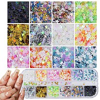 4 Boxes Holographic Nail Sequins Shapes Mixed Iridescent Nail Glitter Flakes Butterfly Hearts Star DIY Design Manicure Decorations Sets for Nail Art/Craft/Makeup (Style A)