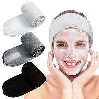 Whaline Spa Facial Headband Make Up Wrap Head Terry Cloth Headband Adjustable Towel for Face Washing,Shower, 3 Pieces (White, Black, Gray)