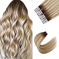 Sixstarhair Human Hair Tape In Hair Extensions Rooted Brown Fading to Ash Brown Mixed with Beach Blonde Beautiful Ash Color Remy Human Hair Extensions 20 Pieces [Color R3-8P613# 20inch]