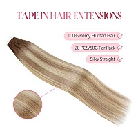 Sixstarhair Human Hair Tape In Hair Extensions Rooted Brown Fading to Ash Brown Mixed with Beach Blonde Beautiful Ash Color Remy Human Hair Extensions 20 Pieces [Color R3-8P613# 20inch]