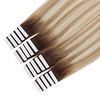 Sixstarhair Human Hair Tape In Hair Extensions Rooted Brown Fading to Ash Brown Mixed with Beach Blonde Beautiful Ash Color Remy Human Hair Extensions 20 Pieces [Color R3-8P613# 20inch]