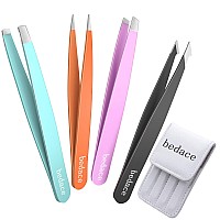 Tweezers For Women Facial Hair,bedace Stocking Stuffers 4 Pack Precision Tweezers For Eyebrows,Professional Slant Tip Tweezer Set For Ingrown Hair, Plucking Daily Tool with Leather Case for Gifts