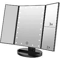 Flymiro Tri-fold Lighted Vanity Makeup Mirror with 3x2x1x Magnification, 21Leds Light and Touch Screen,180 Degree Free Rotation countertop cosmetic Mirror,Travel Makeup Mirror (Black)