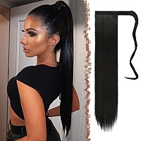 Feshfen Straight Long Ponytail Extensions 28 Inch Wrap Around Synthetic Off Black Ponytails Hair Piece Pony Tail Hair Extensions