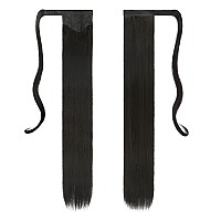 Feshfen Straight Long Ponytail Extensions 28 Inch Wrap Around Synthetic Off Black Ponytails Hair Piece Pony Tail Hair Extensions