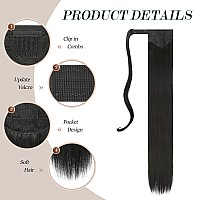 Feshfen Straight Long Ponytail Extensions 28 Inch Wrap Around Synthetic Off Black Ponytails Hair Piece Pony Tail Hair Extensions