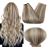 Full Shine Sew In Hair Extensions Real Human Hair Blonde Weft Hair Extensions Human Hair 16 Inch Invisible Ash Brown Highlighted