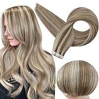 Full Shine Tape In Hair Extensions Human Hair Glue In Hair Extensions Color 8 Ash Brown Highlighted 60 Platinum Blonde Straight