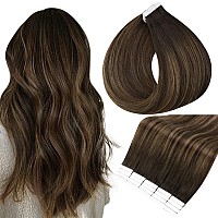 Full Shine Tape Hair Extensions Real Human Hair 22 Inch Tape In Balayage Hair Extensions Color 2 Darkest Brown Fading To 8 Ash B