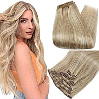 Full Shine Hair Extensions Clip In Human Hair 7 Pcs Real Hair Clip In Extensions Blonde Highlights Color 16P22 Remy Hair Clip In