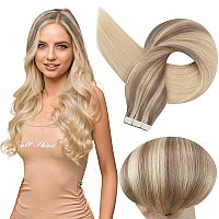 Full Shine Tape In Hair Extensions Human Hair 12Inch Color 18 Ash Blonde Fading To 22 And 60 Platinum Blonde Human Hair Extensio