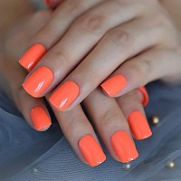 Echiq Neon Fake Nails Short For Daily Wear Square Natural Shape Glossy Gel Nails Orange Pink Simple Tips With Adhesive