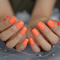 Echiq Neon Fake Nails Short For Daily Wear Square Natural Shape Glossy Gel Nails Orange Pink Simple Tips With Adhesive