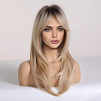 HAIRCUBE Blonde Wigs Long Curly Wigs Shoulder Length Heat Resistant Synthetic Wigs for Women with Bangs