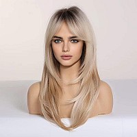 HAIRCUBE Blonde Wigs Long Curly Wigs Shoulder Length Heat Resistant Synthetic Wigs for Women with Bangs