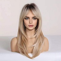 HAIRCUBE Blonde Wigs Long Curly Wigs Shoulder Length Heat Resistant Synthetic Wigs for Women with Bangs