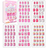 Laza 120Pcs Children Nails Girls Press On Artificial Nail Tips Preglue Full Cover Short Cute False Nail Kits Lovely Christmas G