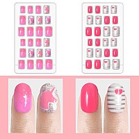 Laza 120Pcs Children Nails Girls Press On Artificial Nail Tips Preglue Full Cover Short Cute False Nail Kits Lovely Christmas G