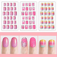 Laza 120Pcs Children Nails Girls Press On Artificial Nail Tips Preglue Full Cover Short Cute False Nail Kits Lovely Christmas G