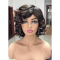 Annivia Short Afro Curly Wigs With Bangs For Women Kinky Curly Hair Wig 2 Tone Ombre Dark Brown Big Bouncy Fluffy Curly Wig